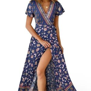 TEMOFON Dark Blue Paisley Floral Wrap Maxi Dress Women’s Size Medium